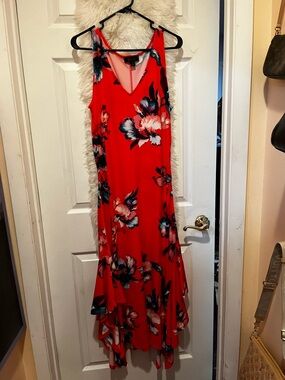 Christian Siriano Red Floral High-Low Slip Dress
